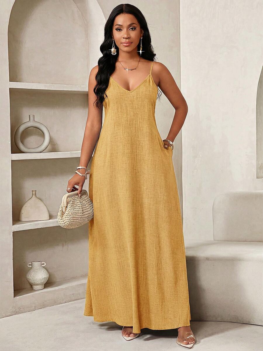 Vestido Maxi de Alças com Estampa Geométrica e Bolsos
