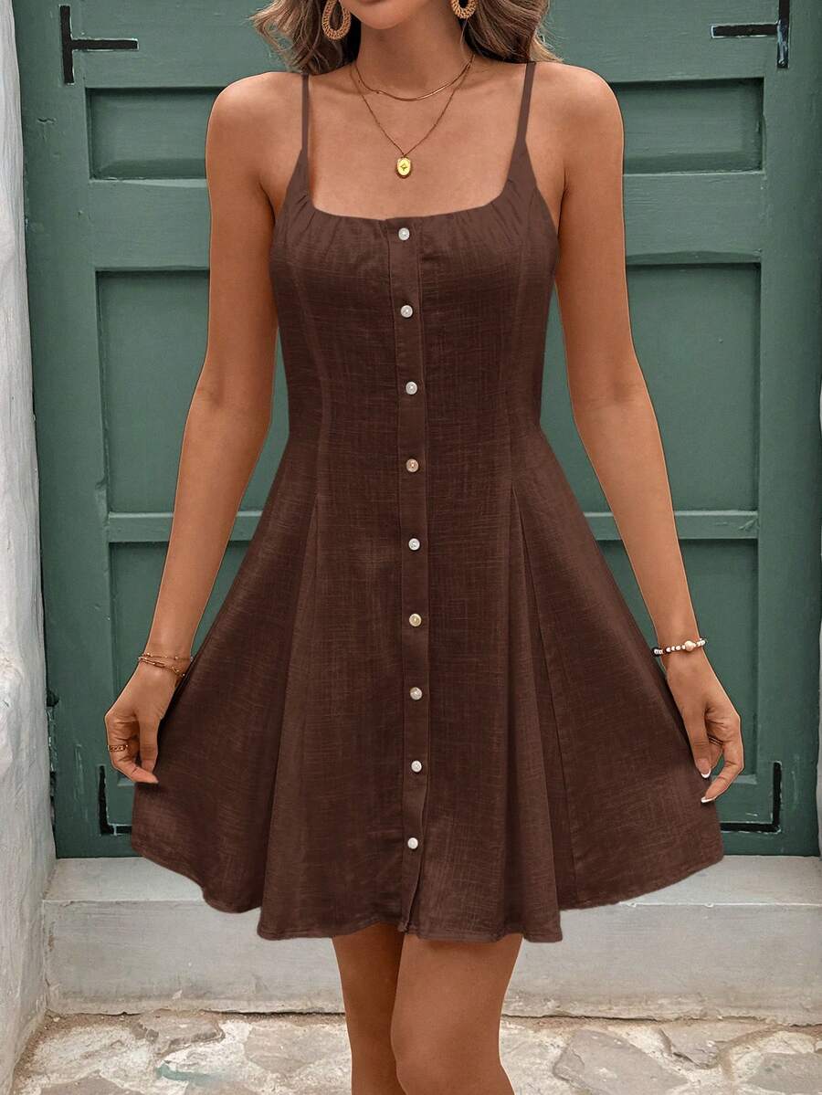Vestido Curto de Linho com Alças e Botões Frontais - La Lecce