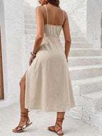 Vestido Midi de Algodão com Busto Plissado e Fenda Lateral - La Lecce