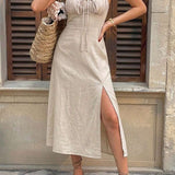 Vestido Midi de Algodão com Busto Plissado e Fenda Lateral