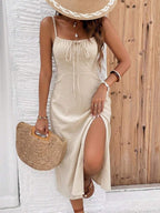 Vestido Midi de Algodão com Busto Plissado e Fenda Lateral - La Lecce