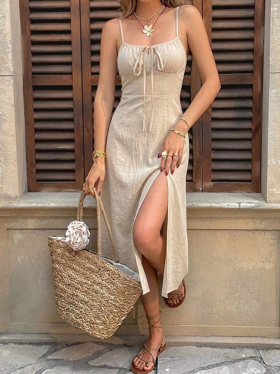Vestido Midi de Algodão com Busto Plissado e Fenda Lateral - La Lecce
