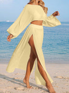 Conjunto de Praia 2 Peças com Cropped de Manga Longa e Saia com Fenda