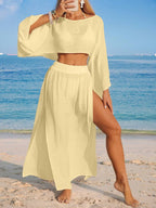 Conjunto de Praia 2 Peças com Cropped de Manga Longa e Saia com Fenda