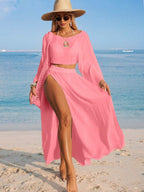 Conjunto de Praia 2 Peças com Cropped de Manga Longa e Saia com Fenda