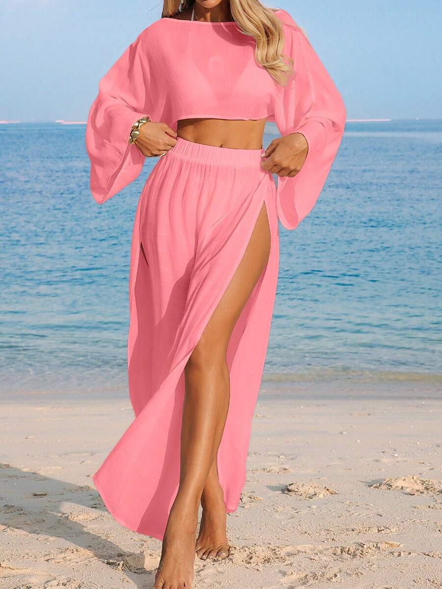 Conjunto de Praia 2 Peças com Cropped de Manga Longa e Saia com Fenda