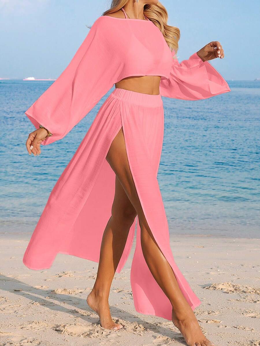 Conjunto de Praia 2 Peças com Cropped de Manga Longa e Saia com Fenda