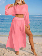 Conjunto de Praia 2 Peças com Cropped de Manga Longa e Saia com Fenda