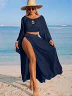 Conjunto de Praia 2 Peças com Cropped de Manga Longa e Saia com Fenda