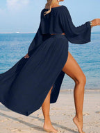 Conjunto de Praia 2 Peças com Cropped de Manga Longa e Saia com Fenda