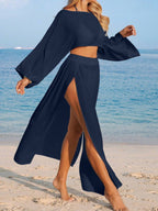 Conjunto de Praia 2 Peças com Cropped de Manga Longa e Saia com Fenda