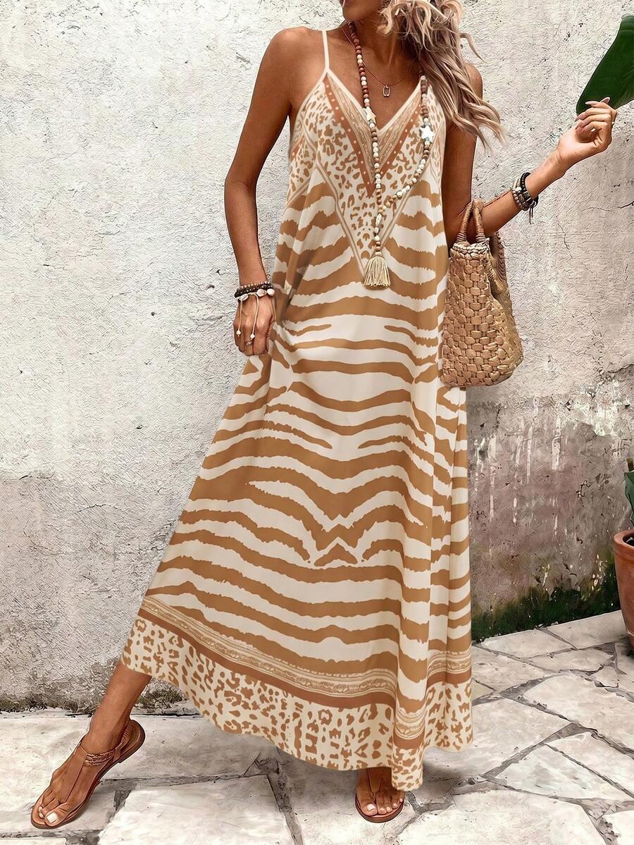 Vestido Longo Estampa de Onça com Alças Finas