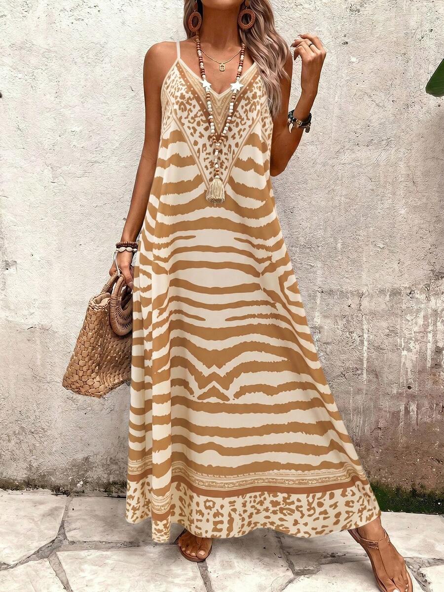 Vestido Longo Estampa de Onça com Alças Finas