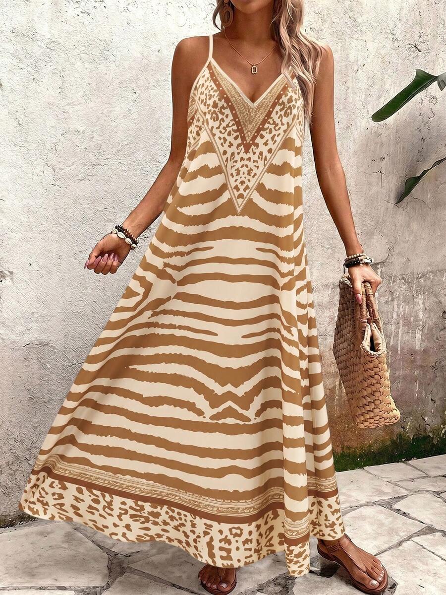 Vestido Longo Estampa de Onça com Alças Finas