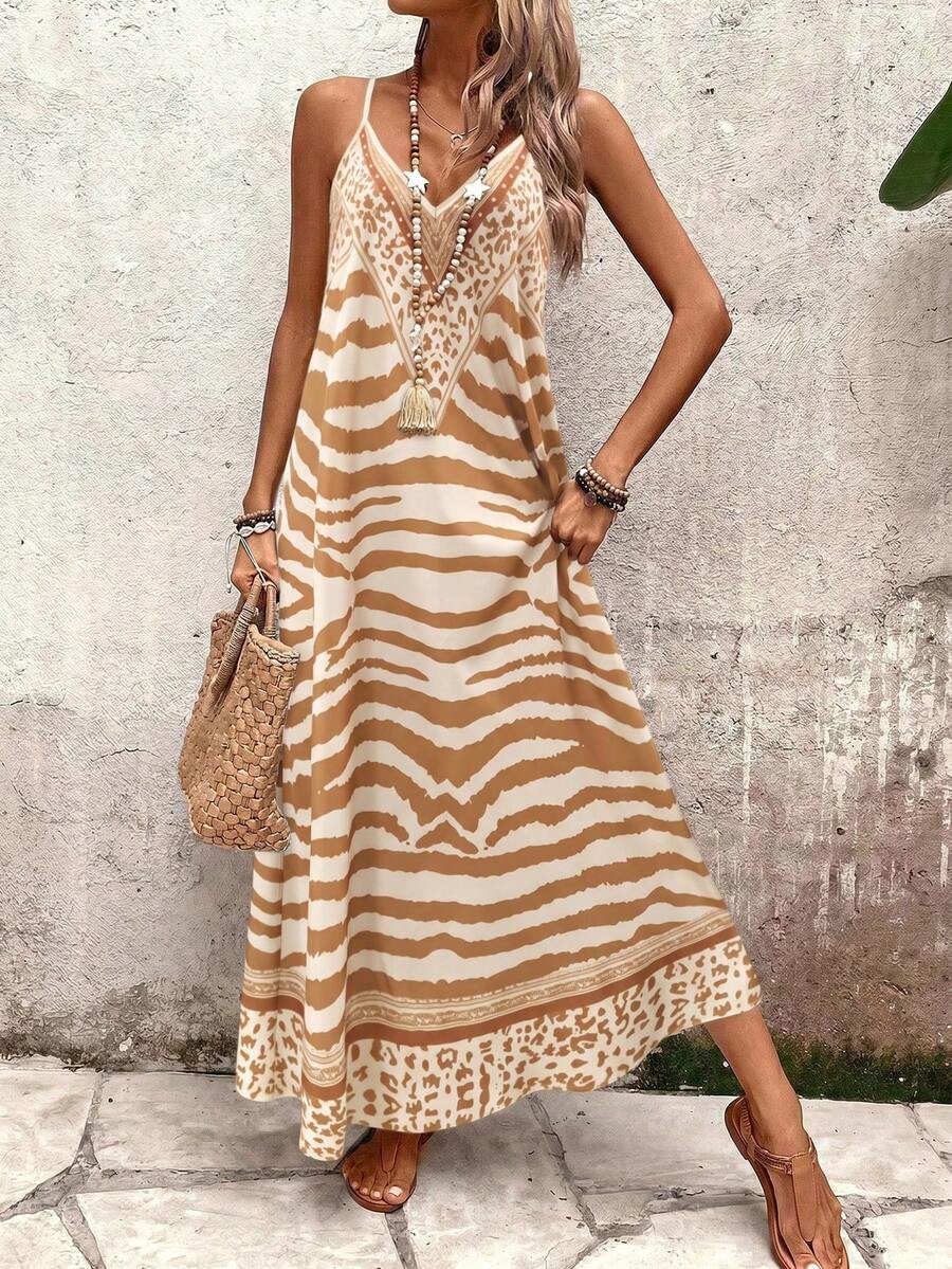 Vestido Longo Estampa de Onça com Alças Finas