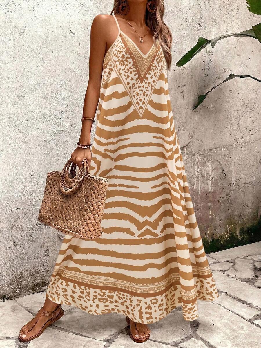Vestido Longo Estampa de Onça com Alças Finas