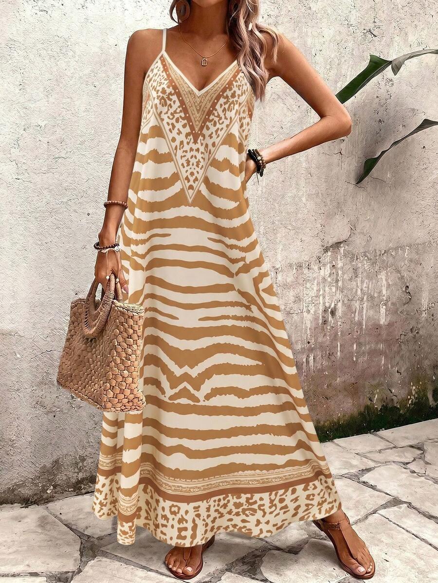 Vestido Longo Estampa de Onça com Alças Finas