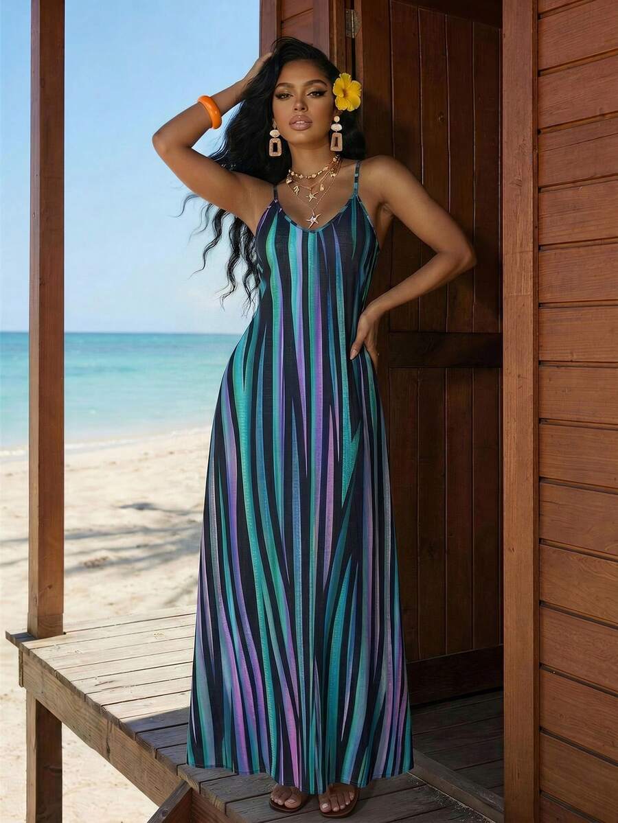 Vestido Maxi Boho de Alças com Costas Abertas e Bolsos