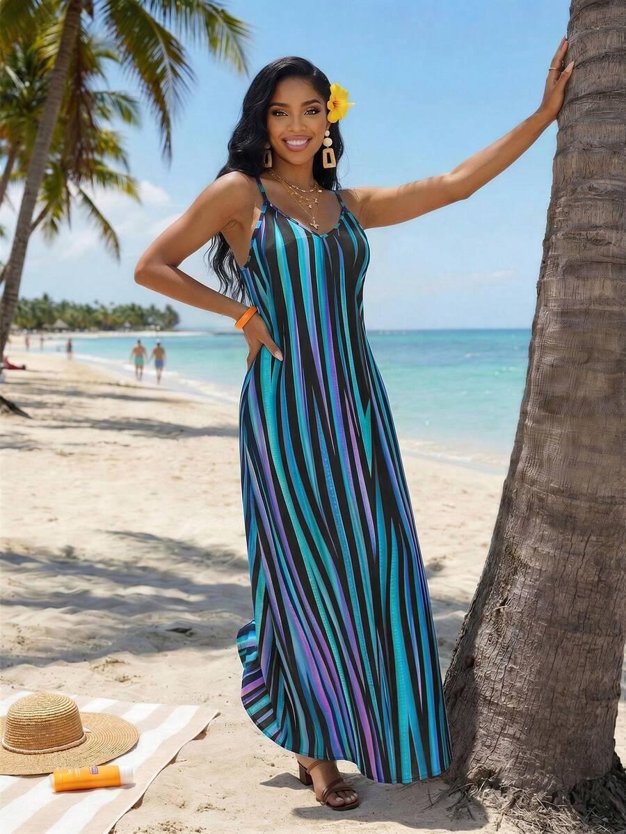 Vestido Maxi Boho de Alças com Costas Abertas e Bolsos