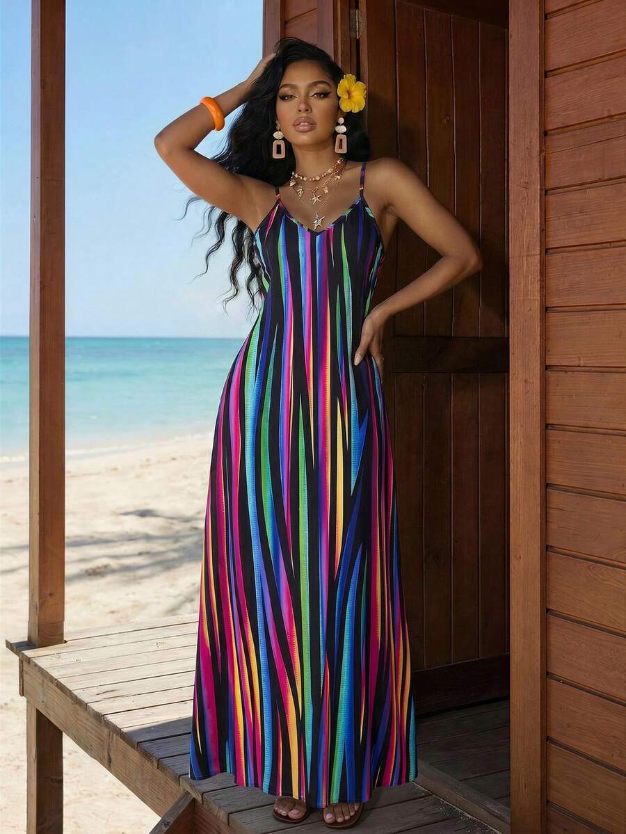 Vestido Maxi Boho de Alças com Costas Abertas e Bolsos