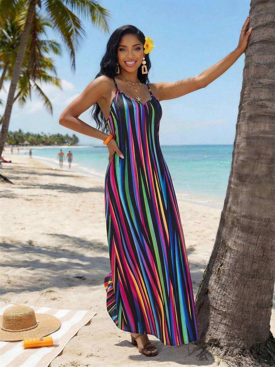 Vestido Maxi Boho de Alças com Costas Abertas e Bolsos