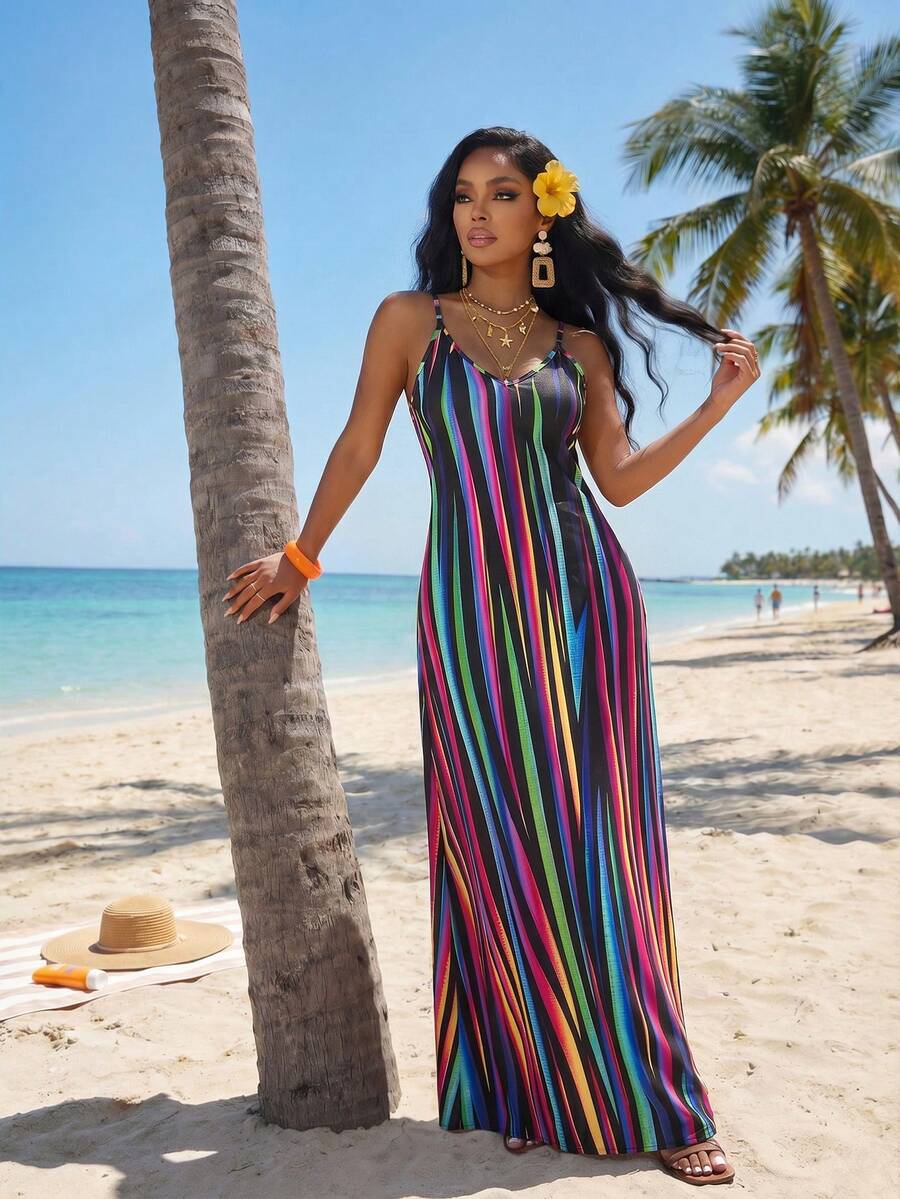 Vestido Maxi Boho de Alças com Costas Abertas e Bolsos