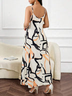 Vestido Maxi de Alças com Estampa Geométrica e Bolsos