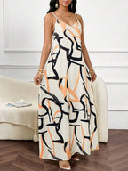 Vestido Maxi de Alças com Estampa Geométrica e Bolsos