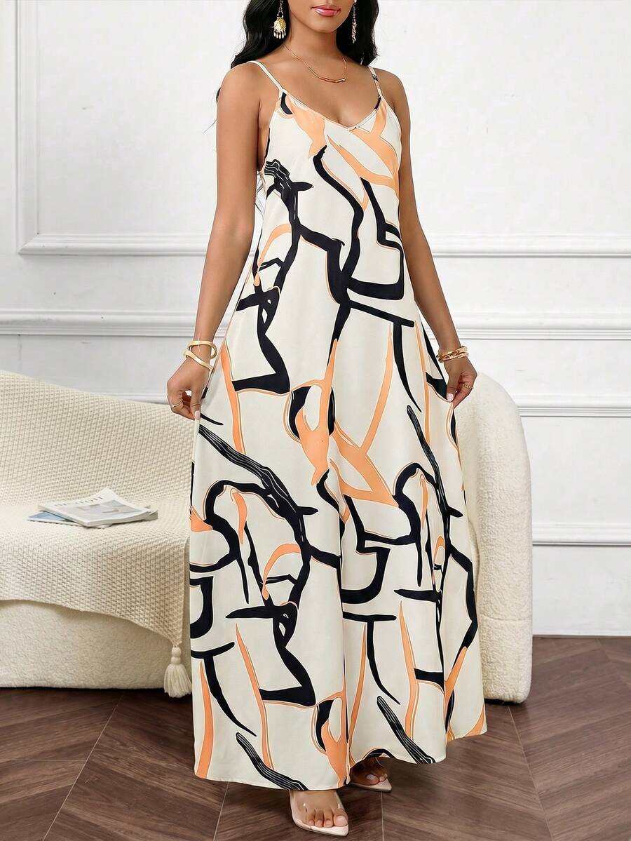 Vestido Maxi de Alças com Estampa Geométrica e Bolsos