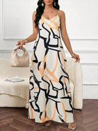 Vestido Maxi de Alças com Estampa Geométrica e Bolsos