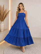 Vestido Longo Boho de Alças com Franzido em Camadas - La Lecce
