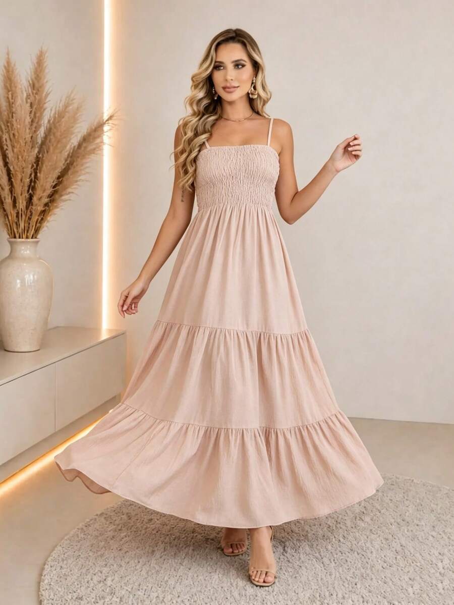 Vestido Longo Boho de Alças com Franzido em Camadas - La Lecce
