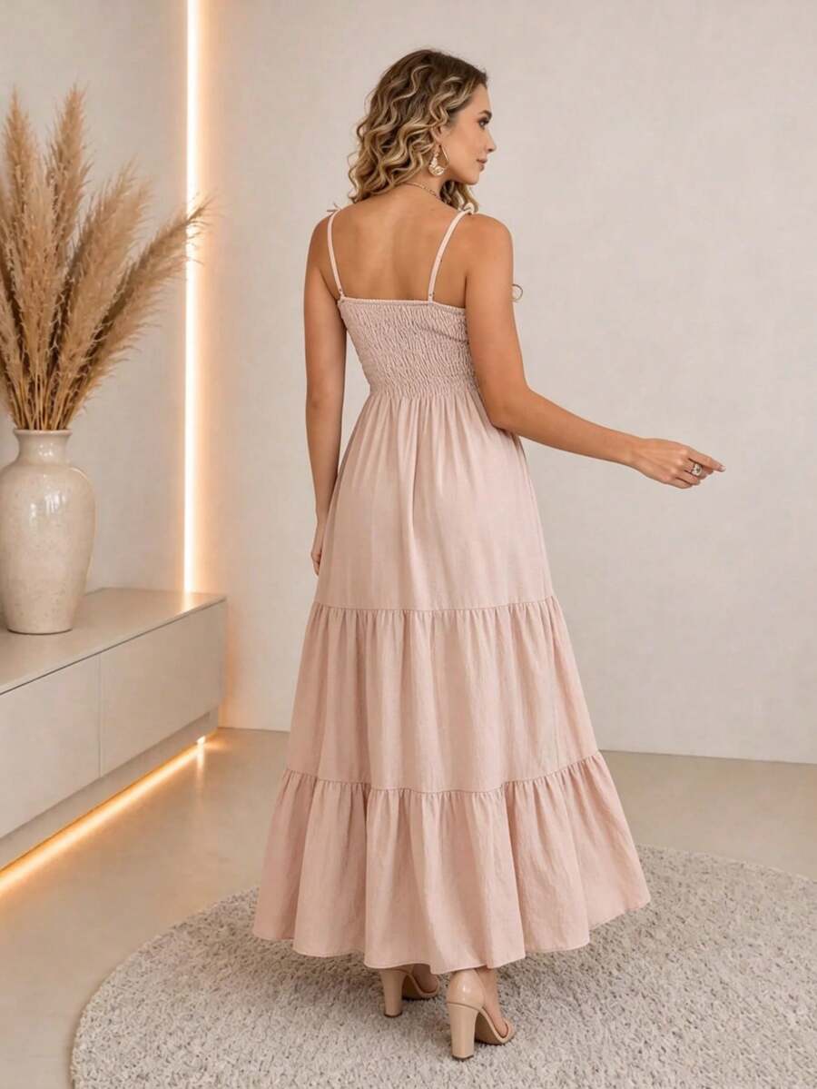 Vestido Longo Boho de Alças com Franzido em Camadas - La Lecce