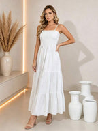 Vestido Longo Boho de Alças com Franzido em Camadas - La Lecce