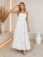 Vestido Longo Boho de Alças com Franzido em Camadas - La Lecce