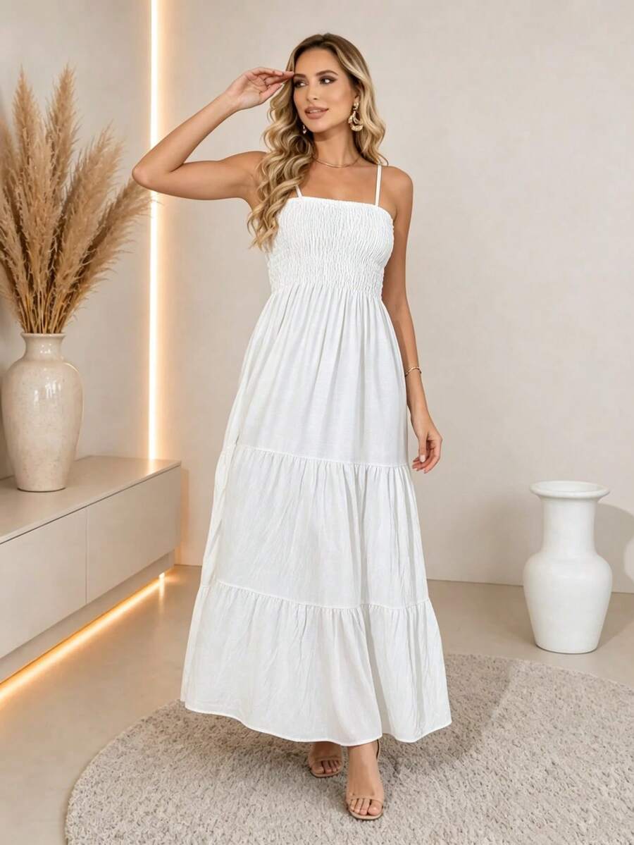 Vestido Longo Boho de Alças com Franzido em Camadas - La Lecce