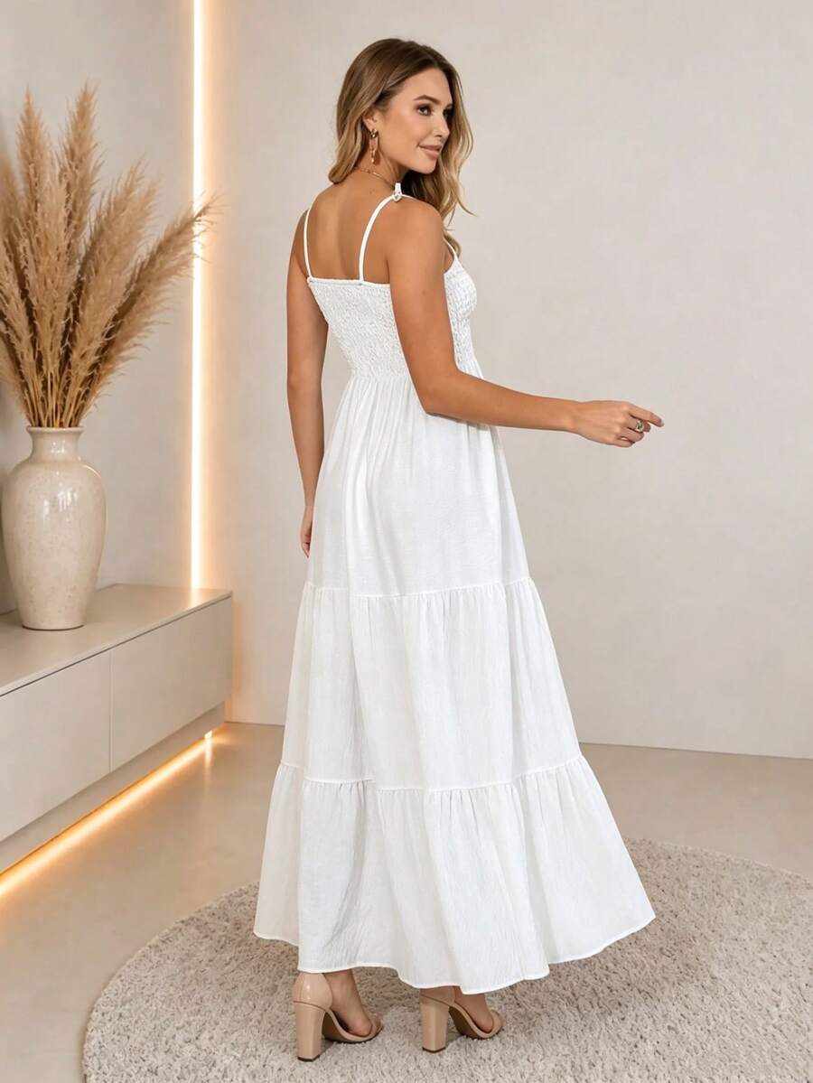 Vestido Longo Boho de Alças com Franzido em Camadas - La Lecce