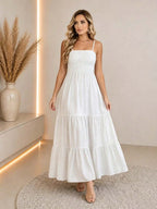 Vestido Longo Boho de Alças com Franzido em Camadas - La Lecce