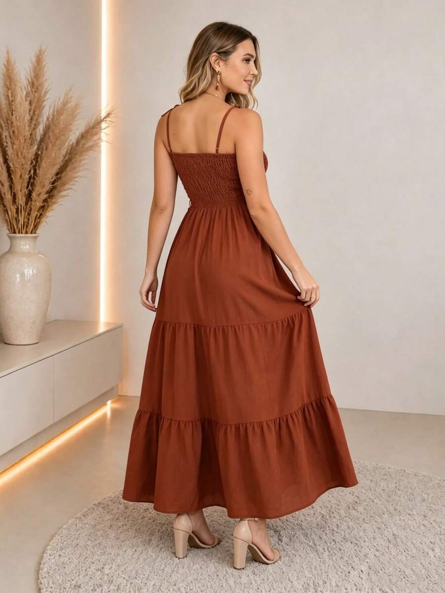 Vestido Longo Boho de Alças com Franzido em Camadas - La Lecce