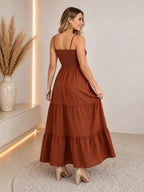 Vestido Longo Boho de Alças com Franzido em Camadas - La Lecce