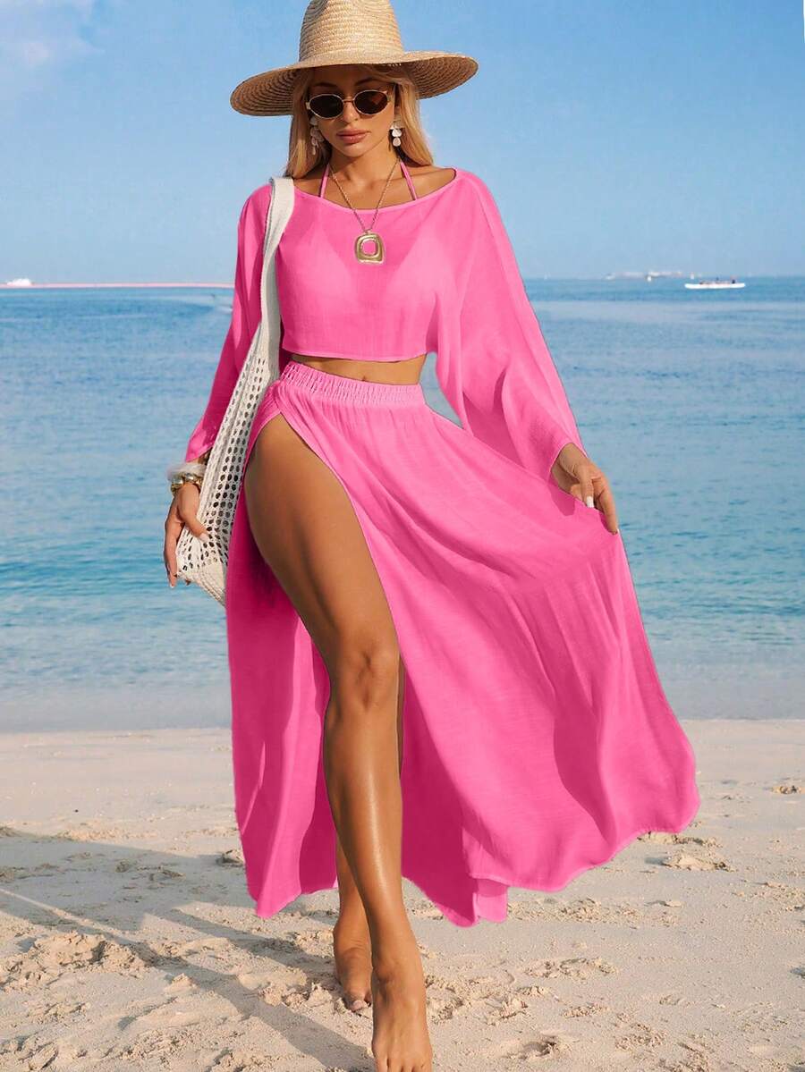 Conjunto de Praia 2 Peças com Cropped de Manga Longa e Saia com Fenda