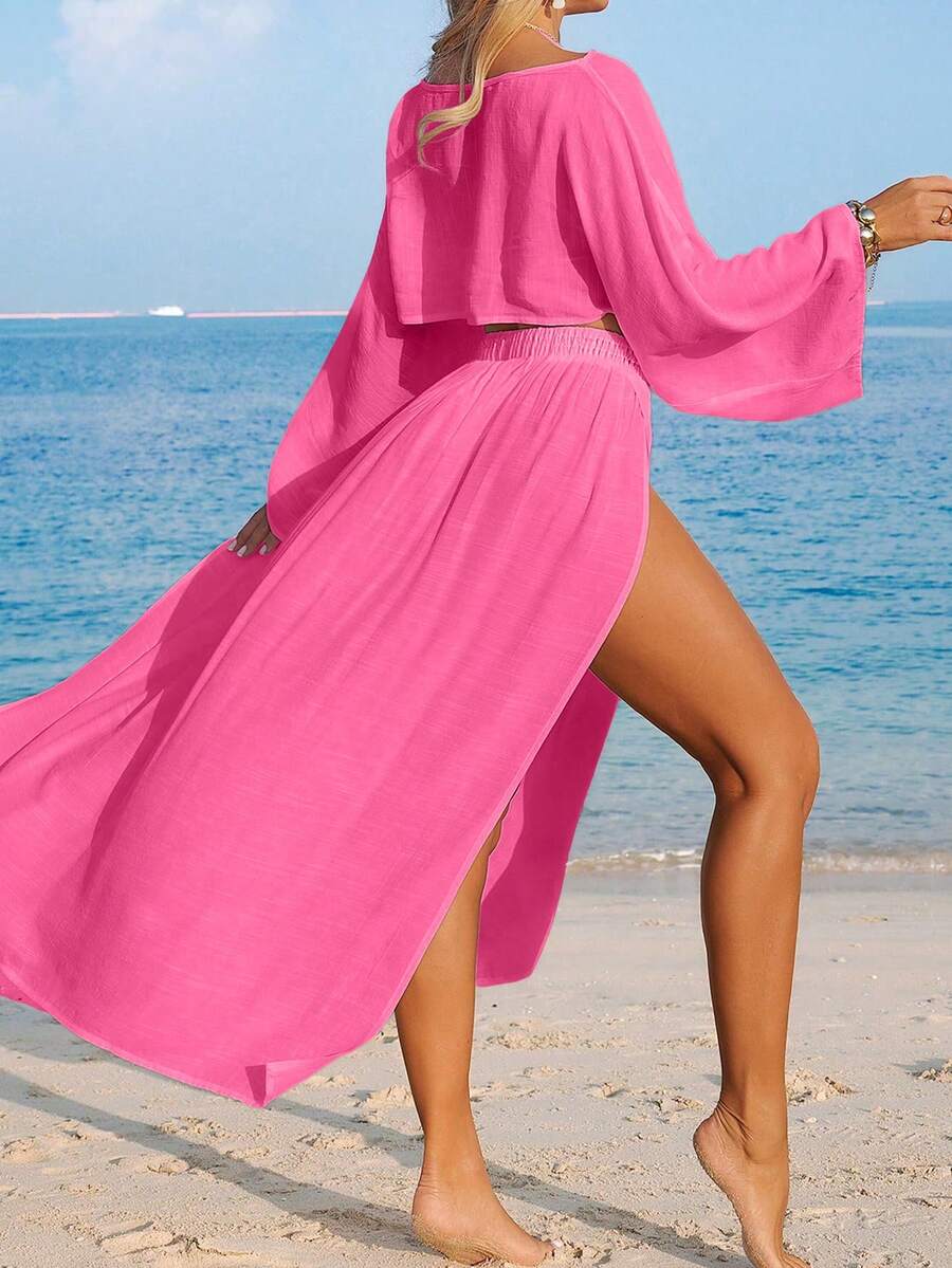 Conjunto de Praia 2 Peças com Cropped de Manga Longa e Saia com Fenda