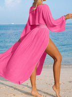 Conjunto de Praia 2 Peças com Cropped de Manga Longa e Saia com Fenda