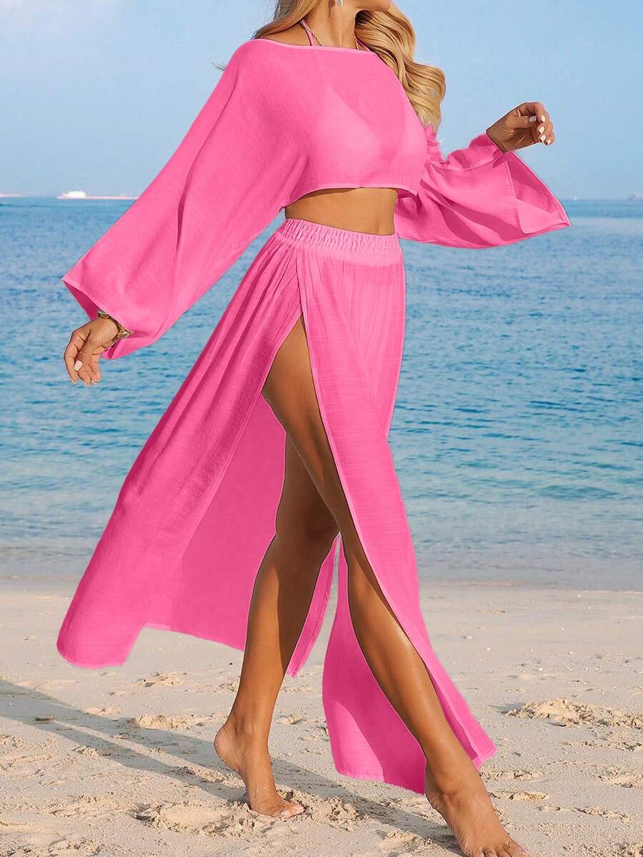 Conjunto de Praia 2 Peças com Cropped de Manga Longa e Saia com Fenda