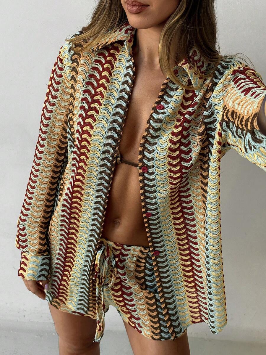 Conjunto de Praia 3 Peças com Camisa Listrada e Shorts