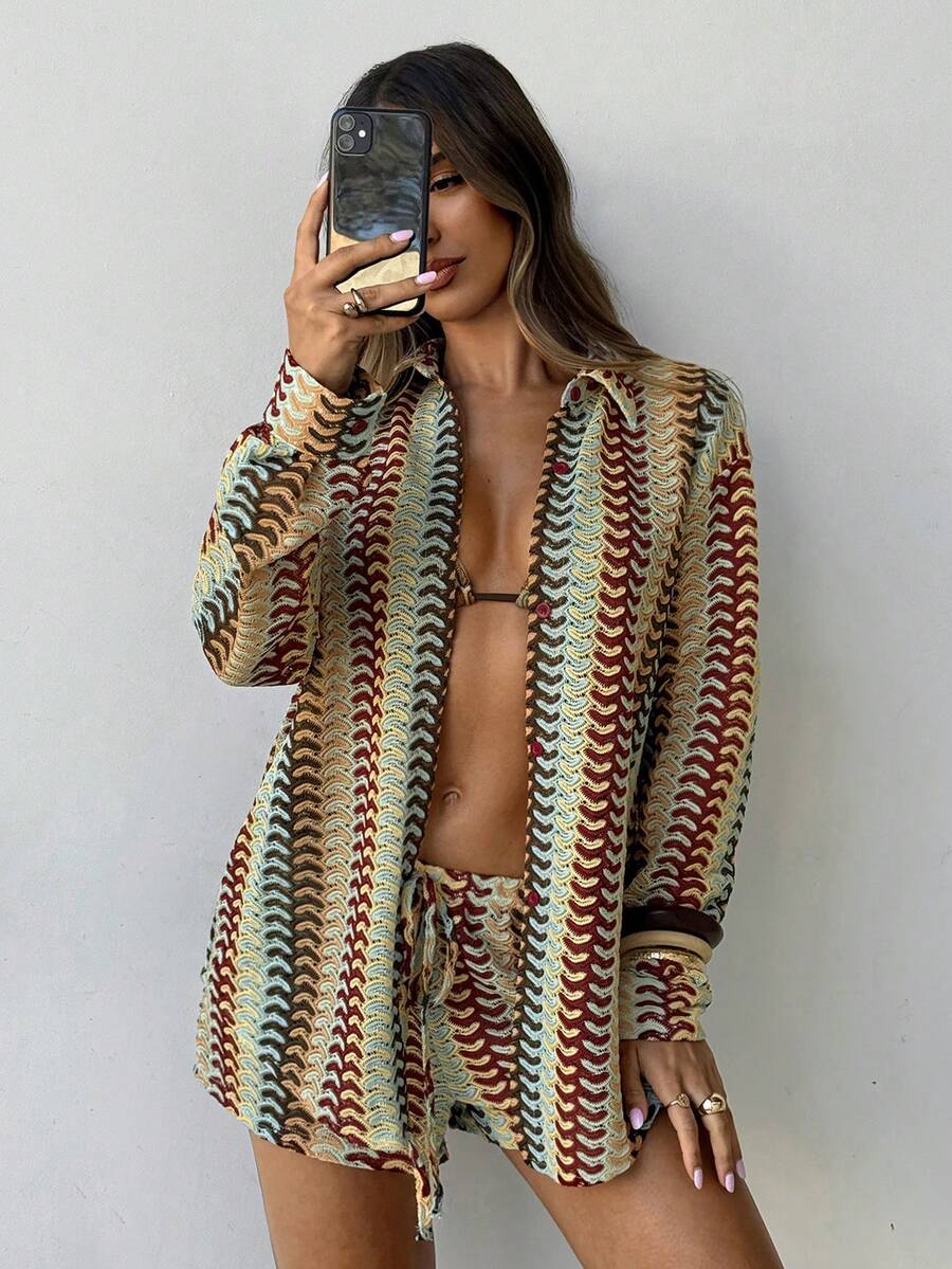 Conjunto de Praia 3 Peças com Camisa Listrada e Shorts