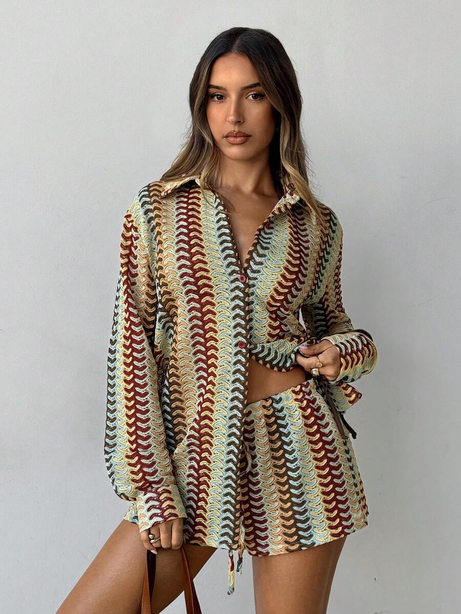 Conjunto de Praia 3 Peças com Camisa Listrada e Shorts