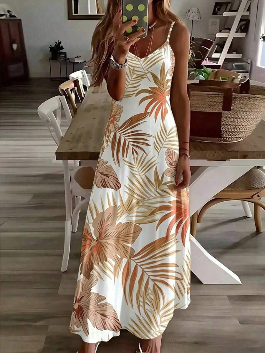 Vestido Midi de Malha com Estampa Tropical e Recorte Vazado - La Lecce