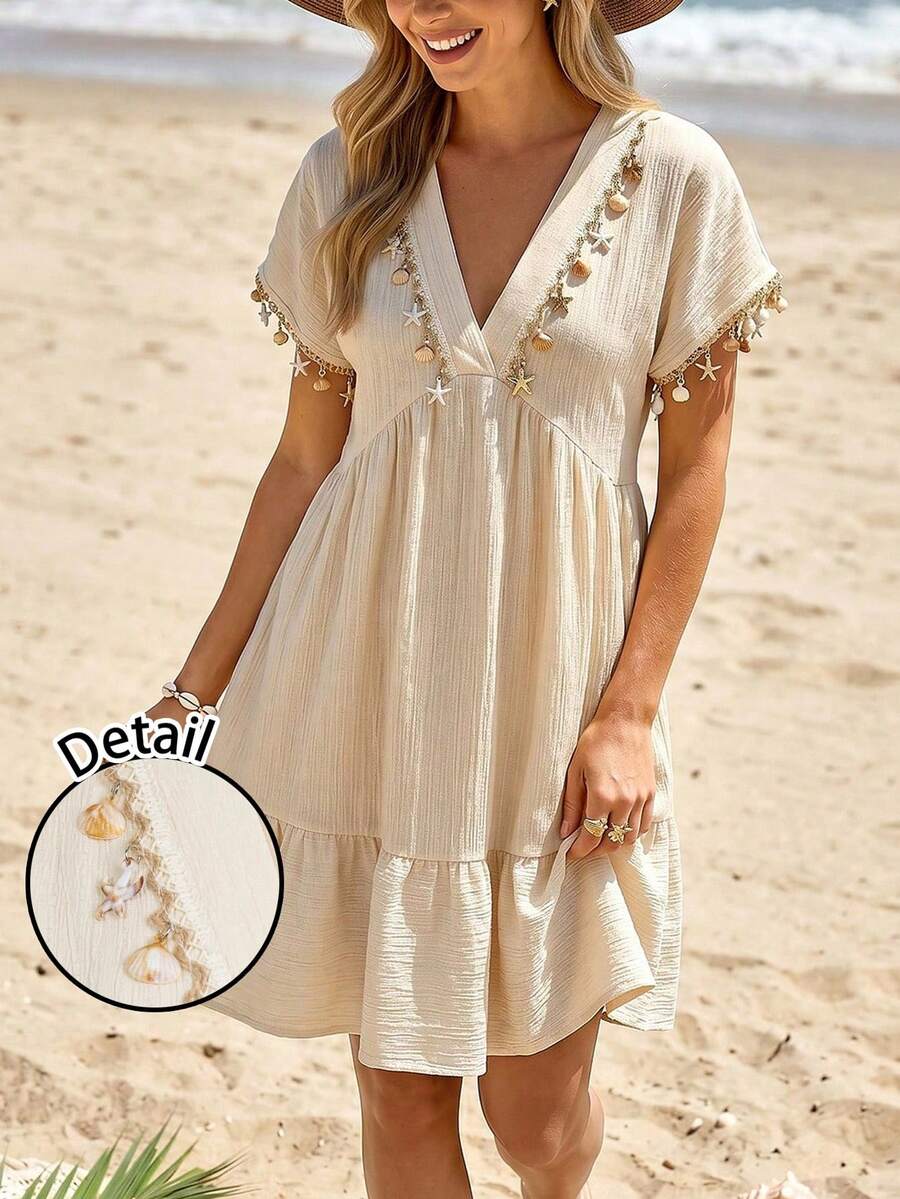 Vestido Curto Boho com Babado e Detalhe em Pompom - La Lecce