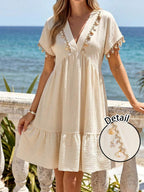 Vestido Curto Boho com Babado e Detalhe em Pompom - La Lecce